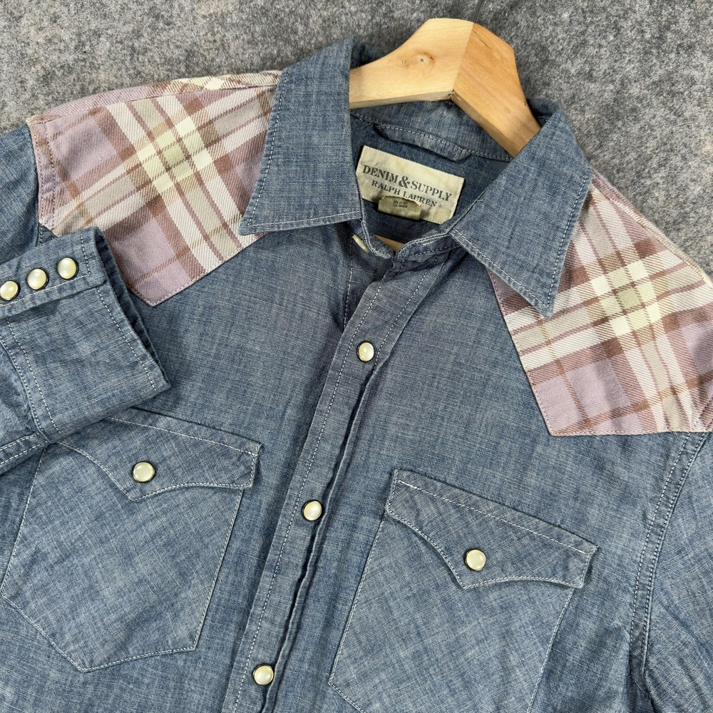 Denim & Supply Ralph Lauren Shirt Mens Small Blue Chambray Western Snap Plaid